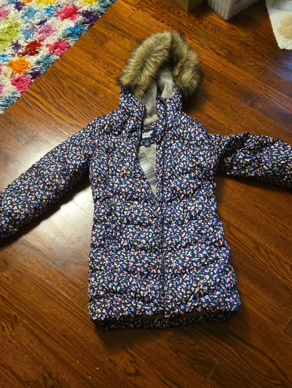 Lands' End Navy Floral-Print Girls' Puffer Coat with Faux-Fur Hood